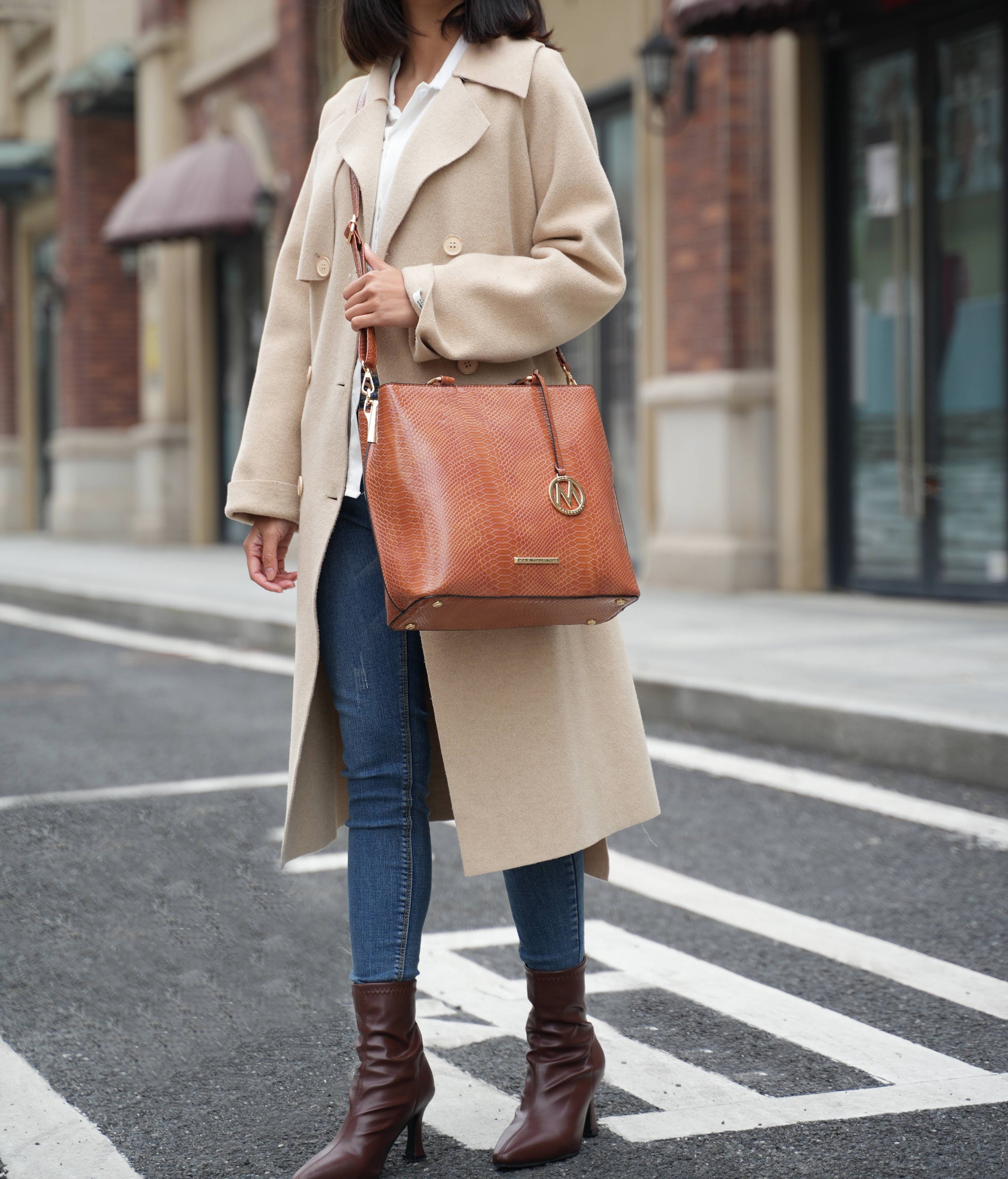 Beryl Snake-Embossed Vegan Leather Women'S Tote Bag & Wristlet Wallet Pouch by Mia K. - Olive