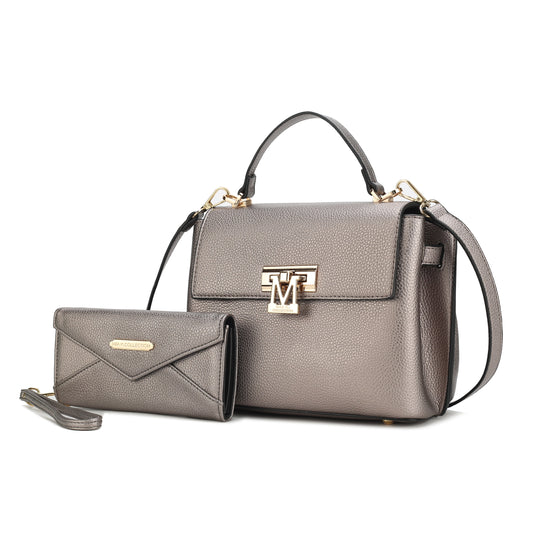 Hadley Vegan Leather Women'S Satchel & Wristlet Wallet, Stylish Top-Handle Purse Handbag 2 Pcs by Mia K - Pewter