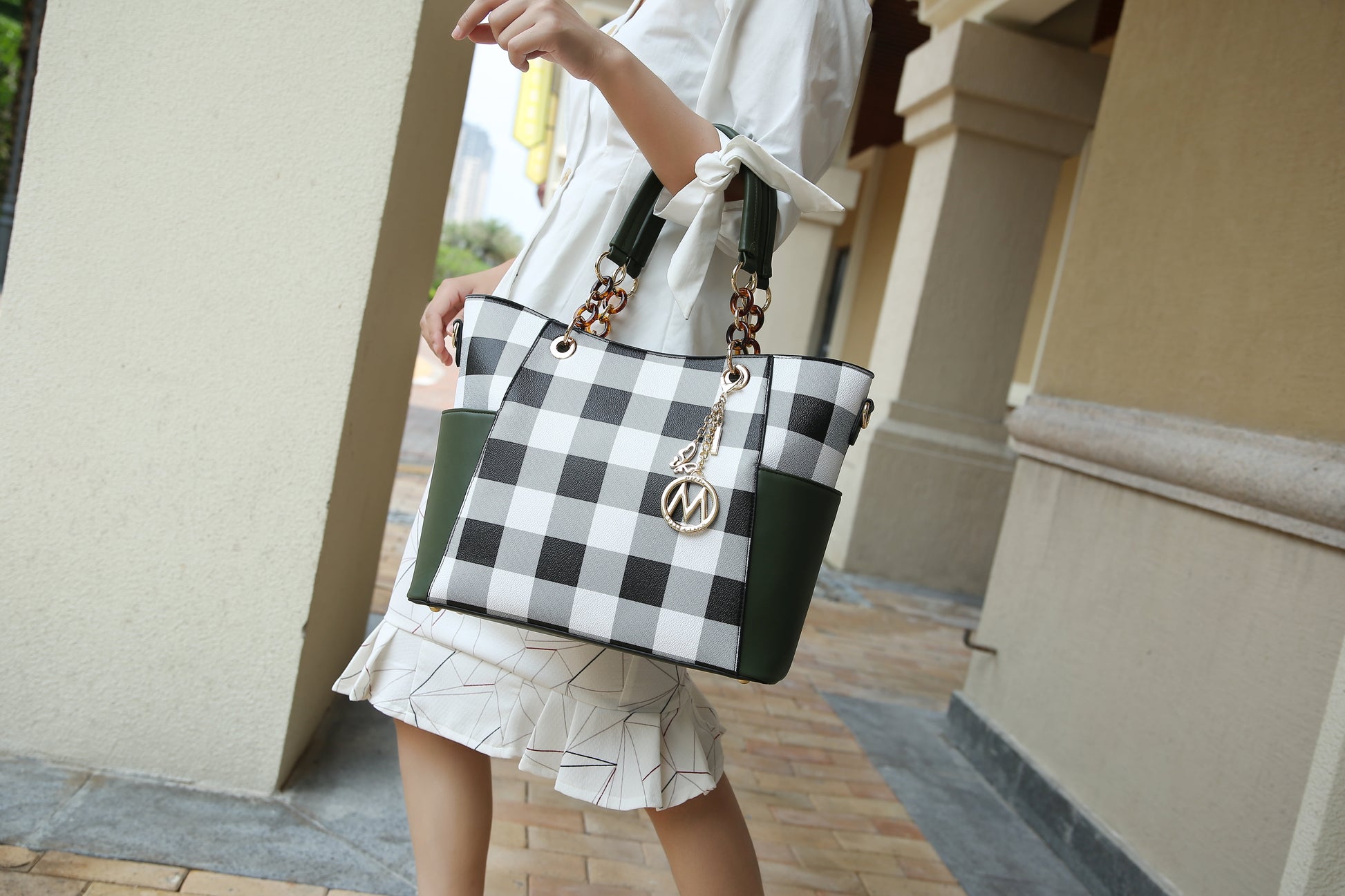 Bonita Checker Women'S Tote Bag with Wristlet Wallet, Vegan Leather 2Pcs Shopper Handbag Set by Mia K . - Black