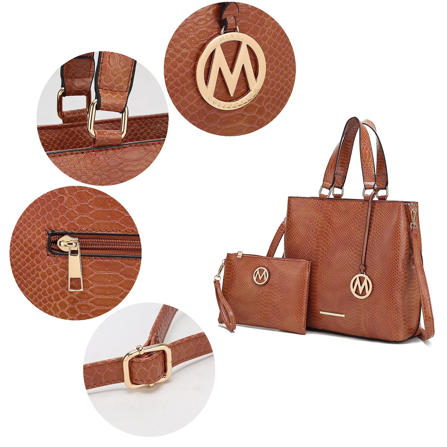 Beryl Snake-Embossed Vegan Leather Women'S Tote Bag & Wristlet Wallet Pouch by Mia K. - Olive