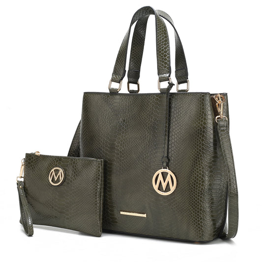 Beryl Snake-Embossed Vegan Leather Women'S Tote Bag & Wristlet Wallet Pouch by Mia K. - Olive